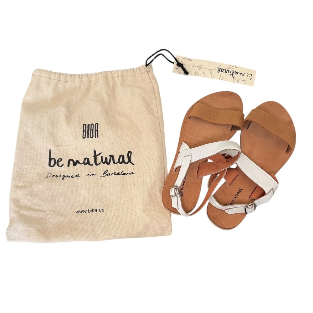 Biba Be Natural Tan White Leather Flat Sandals Womens 7 Barcelona Spain EU37